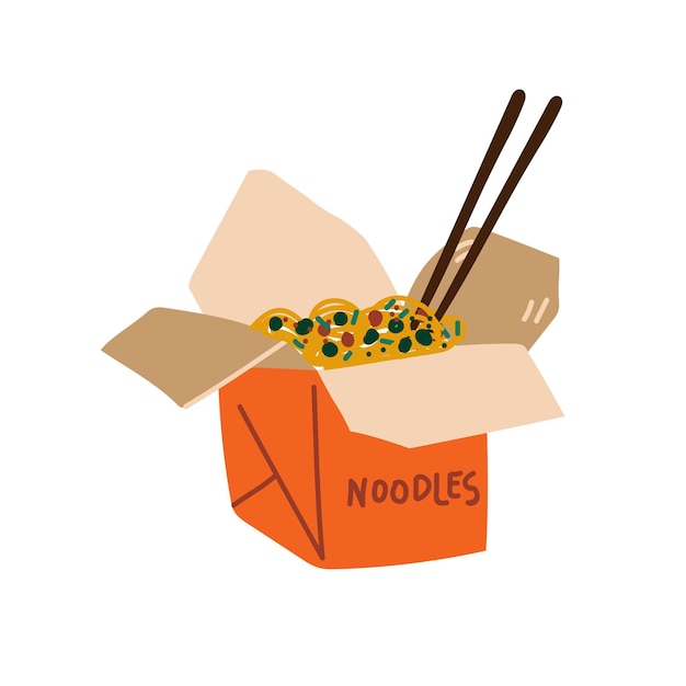 Takeaway Carton Box of Noodles with Vegetables and Chopsticks Traditional Chinese or Japanese Food Vector Illustration on White Background