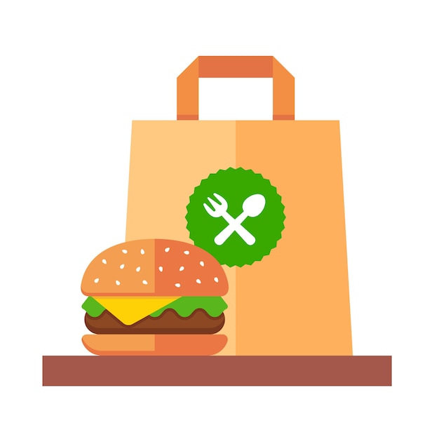 Takeaway hamburger in a paper bag. flat   illustration