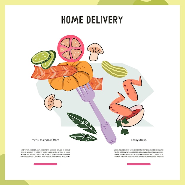 Takeaway and ready meals home delivery banner or poster vector template