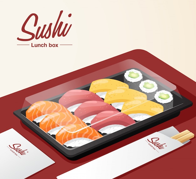 Takeaway sushi set with tray, chopsticks and napkin on red table