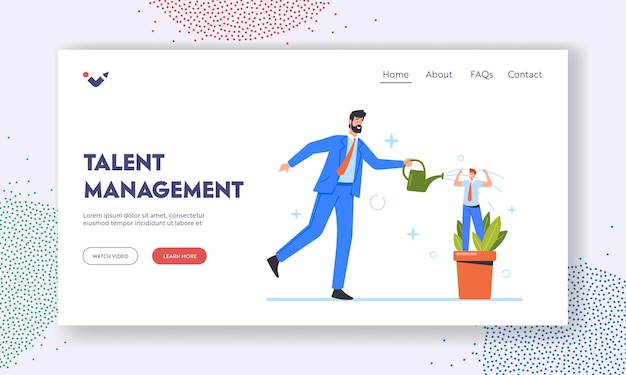 Talent Management Landing Page Template Businessman Watering Growth Talented Staff in Pot Using Talented Employee Concept Business Characters Career Growth Cartoon People Vector Illustration