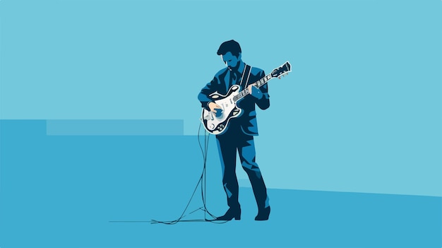 Talented Guitarist Performing on Blue Background