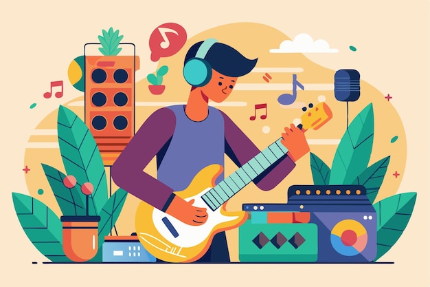 Vector a talented musician is engaged in playing electric guitar in a colorful studio surrounded by musical elements playing music customizable flat illustration