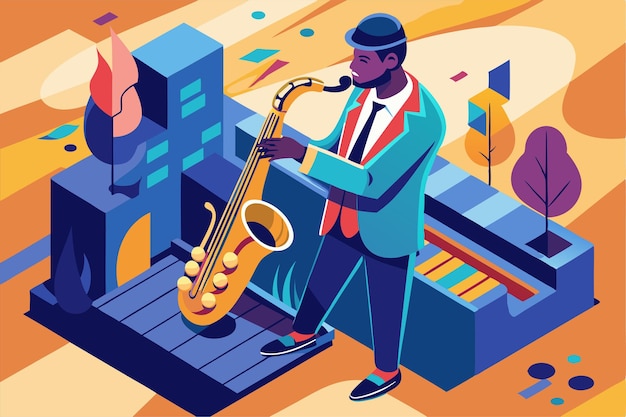 Vector a talented saxophonist plays passionately on a city street capturing the essence of jazz music at dusk customizable flat illustration of a jazz saxophonist