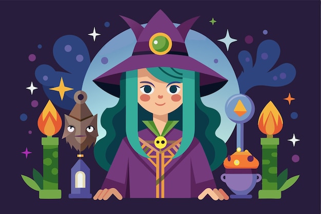 Vector a talented young witch stands proudly among candles potions and mystical objects creating an enchanting atmosphere full of magic and wonder