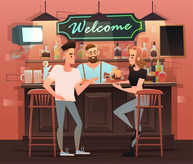 Talking and drinking friends in the bar illustration