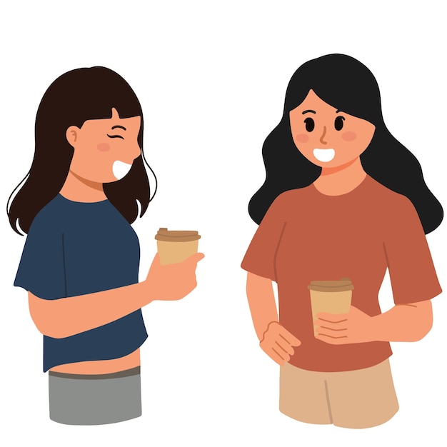 Talking and gossiping woman friends while holds a coffee illustration