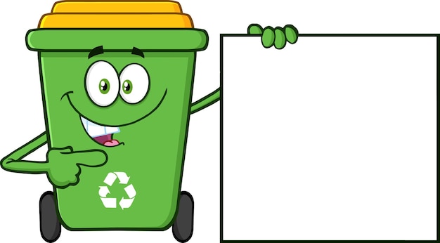 Talking Green Recycle Bin Cartoon Mascot Character Pointing To A Blank Sign Banner