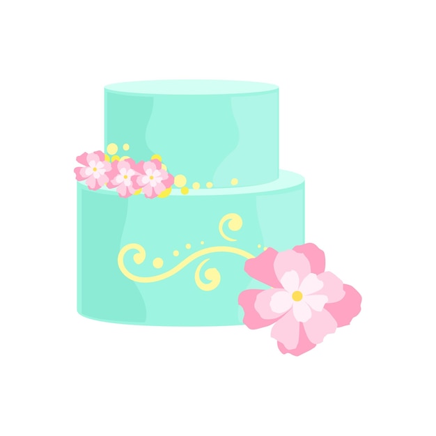 Tall Cake With Blue Icing And Pink Flowers Decorated Big Special Occasion Party Dessert For Wedding Or Birthday Celebration