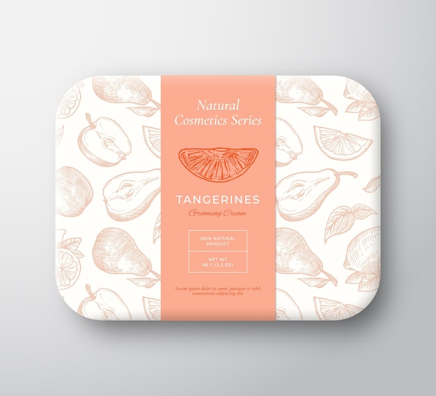 Tangerines Bath Cosmetics Package Box Abstract Vector Wrapped Paper Container with Label Cover Packaging Design Modern Typography and Hand Drawn Fruits Citrus Background Pattern Layout