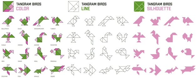 Tangram puzzle. Set of tangram Birds and Fish. Color, line and silhouette. Jigsaw for kids.