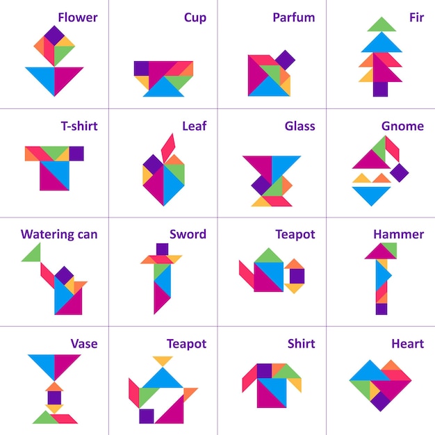 Tangram puzzle. Set of tangram objects. Jigsaw for kids. Vector set. Vector illustration