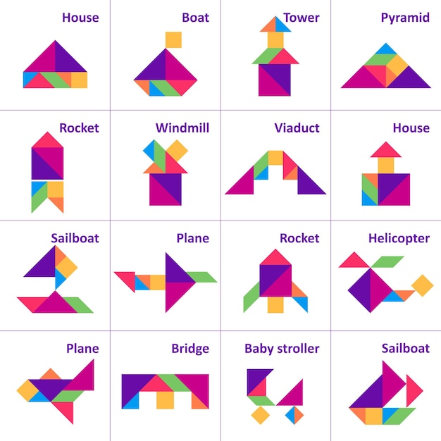 Tangram puzzle. Set of tangram transport and buildings. Jigsaw for kids. Vector set.