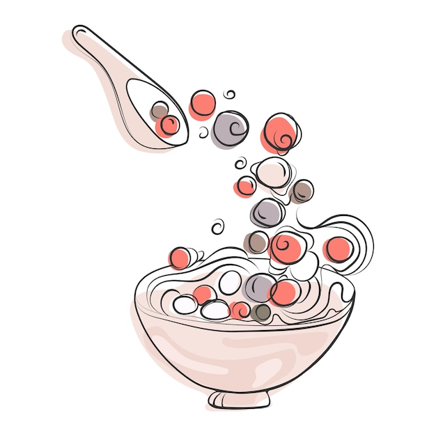 Tangyuan Desserts in Bowl with Spoon ,glutinous rice balls flying into bowl vector