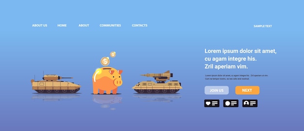 Tanks special army battle transport military equipment near piggy bank financing war sanctions concept