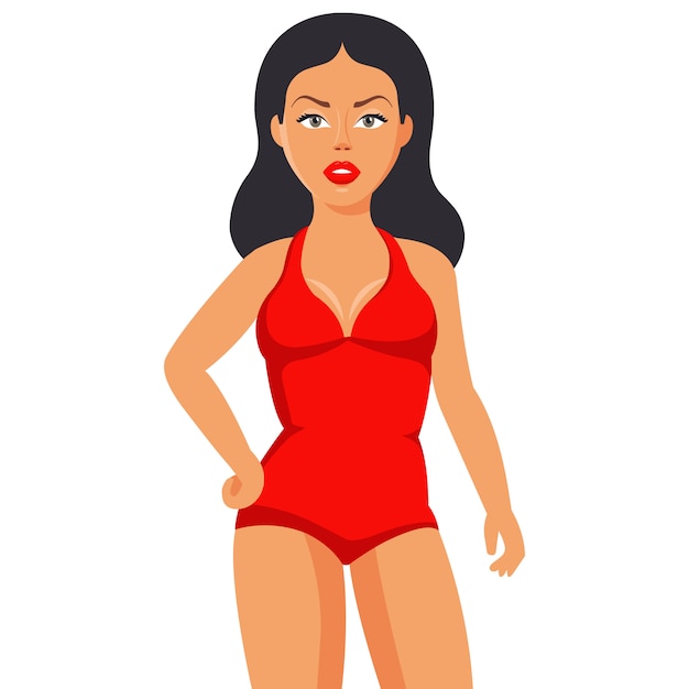 Vector tanned girl in a closed red swimsuit. flat character  .