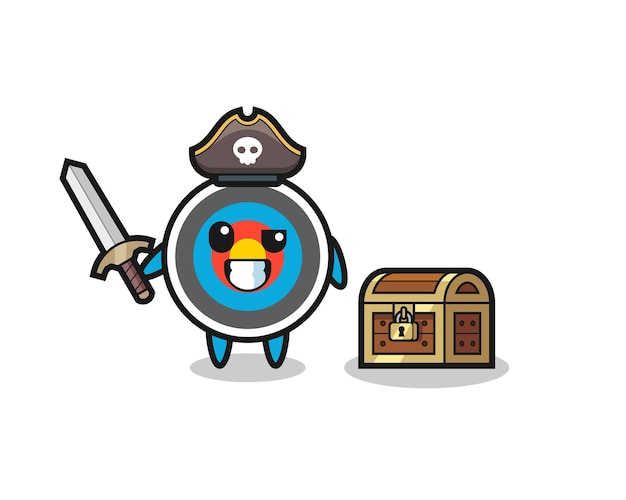 The target archery pirate character holding sword beside a treasure box , cute style design for t shirt, sticker, logo element