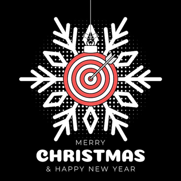 Target christmas greeting card Merry Christmas and Happy New Year outline style flat cartoon Sports banner target ball as a xmas ball on black background Vector illustration