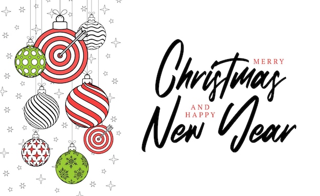 Target christmas greeting card in trendy line style Merry Christmas and Happy New Year outline cartoon Sports banner target ball as a xmas ball on white background Vector illustration