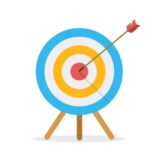 Target in front view with an arrow hit the center. Business challenge and goal achievement concept isolated on white background. Flight path.