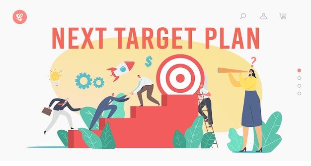 Next Target Plan Landing Page Template. Business Characters Team Climbing Stairs. Business People Reach Aim. Teamwork and Leadership, Investment Growth, Challenge Concept. Cartoon Vector Illustration