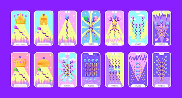 Tarot cards flat deck cartoon Taro minor arcana swands vector game set full Ace King Queen Knight