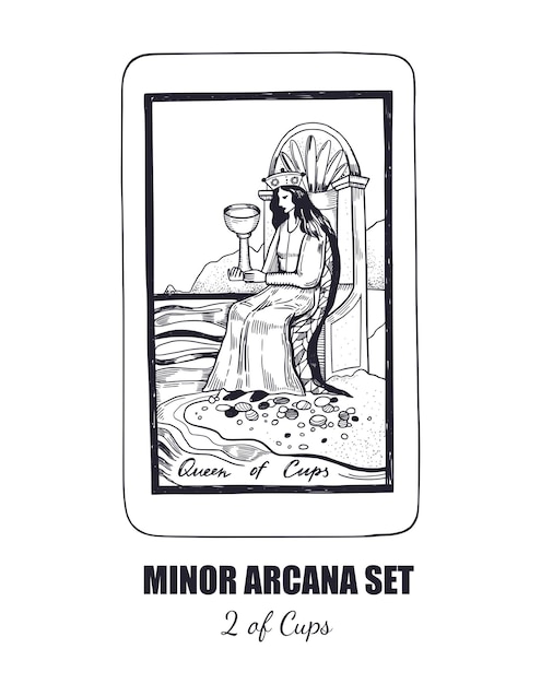 Tarot Minor Arcana vector set Queen of Cups Hand drawn illustration