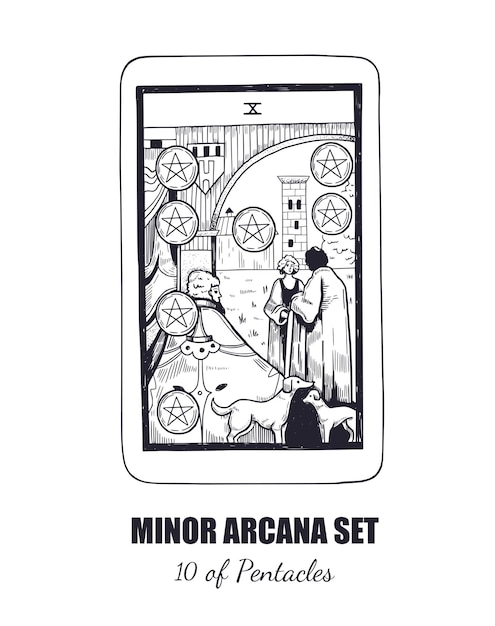 Tarot vector hand drawn Minor Arcana set 10 of Pentacles