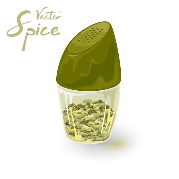 Tarragon spice is in glass pepper caster, tin, jar with green plastic lid