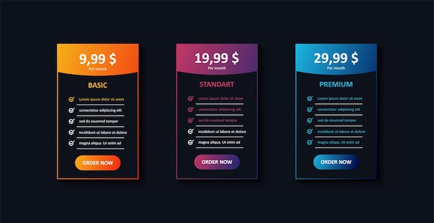 Vector tarrifs plan banner list banners with pricing discount and feature checklist basic standart and premium vector eps 10