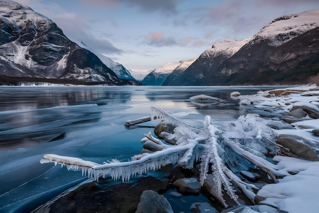 Vector tasman glacier lake landscape in new zealand there are glacier ice icebergs rocks and snow mount