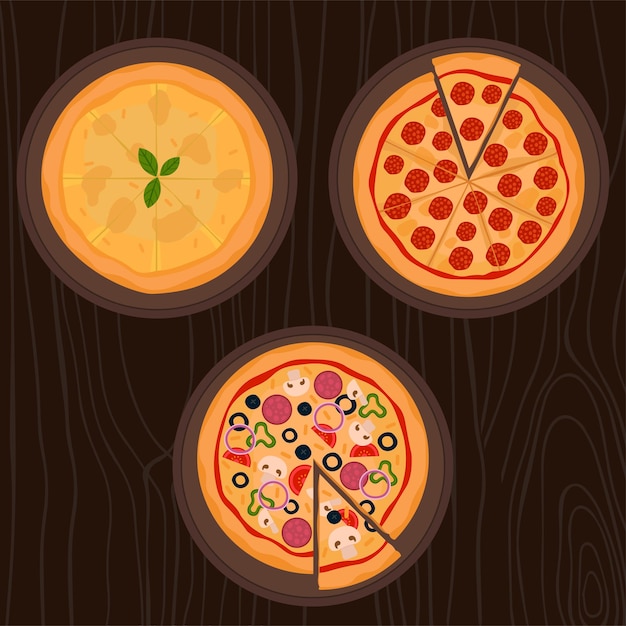 Tastes Of Pizza Top View Of Cheese Pepperoni and Assorted Pizza Vector Illustration In Flat Style