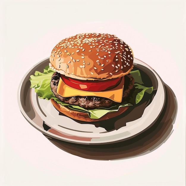 Tasty burger on a plate Modern illustration White background