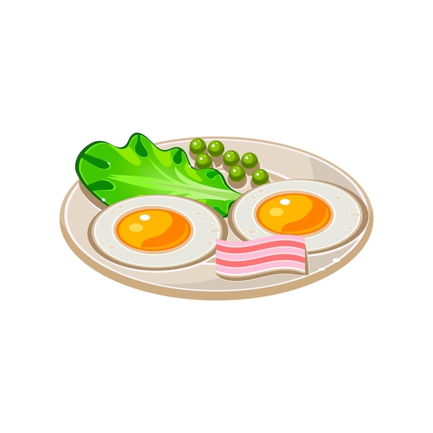 Tasty Cartoon Breakfast with Bacon, Fried Eggs and Lettuce. Vector Illustration