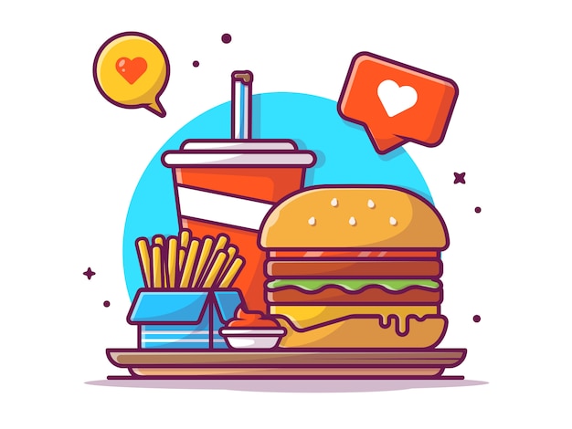 Tasty Combo Menu Hamburger, French Fries, Soda, and Sauce with Love Sign, Illustration White Isolated