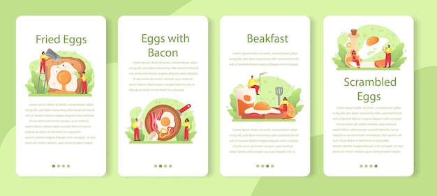 Tasty fried eggs with vegetables and bacon for breakfast mobile application banner set