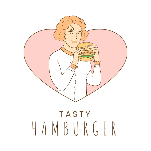 Tasty hamburger banner design template. Woman eating fast food cartoon outline illustration.