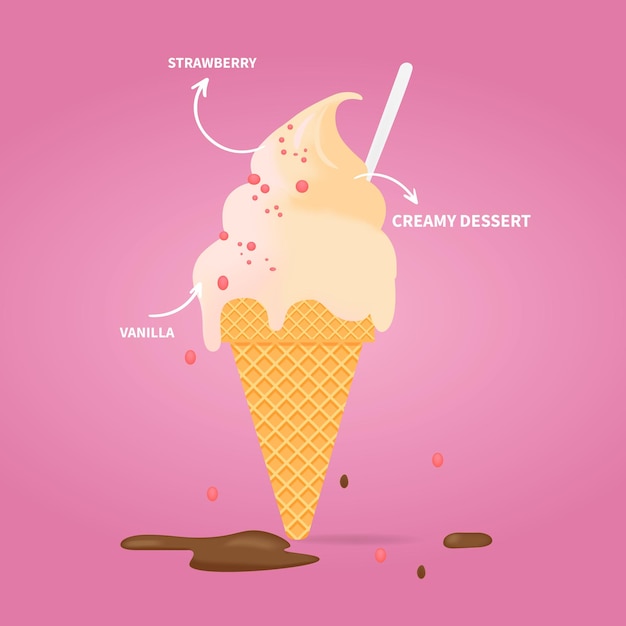 Vector tasty ice cream melting ice cream balls in the waffle cone vector illustration