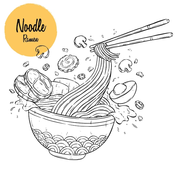 tasty japanese noodle or ramen sketch flying from a bowl with chopsticks. Japanese noodle