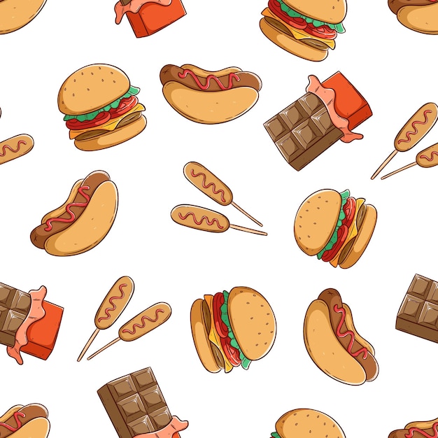 tasty junk food seamless pattern with burger hotdog and chocolate