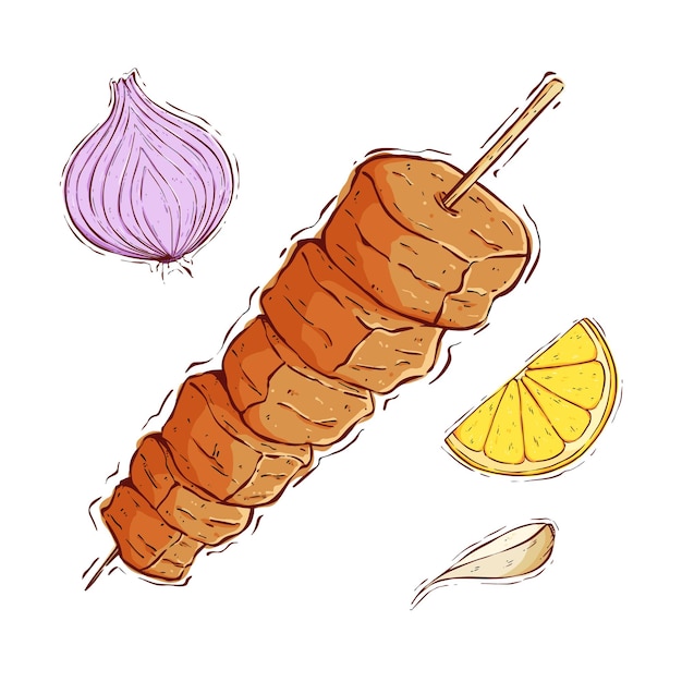 tasty kebab grilled on a skewer with colored hand drawing style