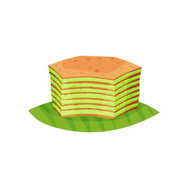 Tasty layered cake Spekkoek on green leaf Oriental cuisine Traditional Indonesian dessert Flat vector design for poster menu or flyer