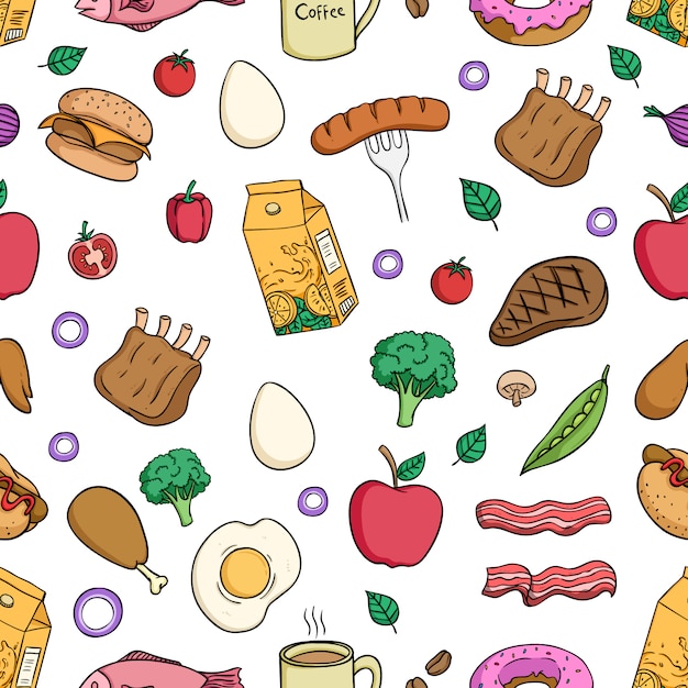 tasty lunch food in seamless pattern with colored doodle style