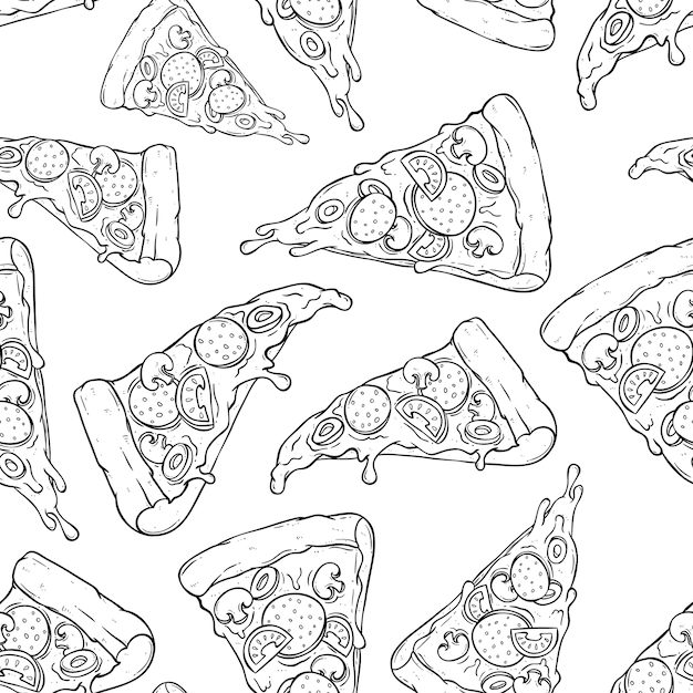 tasty melted pizza slice in seamless pattern with doodle or sketch style