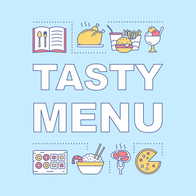 Vector tasty menu word concepts banner. delicious food. catering industry. recipe book. presentation, website. isolated lettering typography idea with linear icons. vector outline illustration