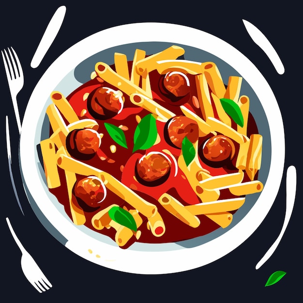 tasty penne with meatball and tomato sauce vector illustration flat 2