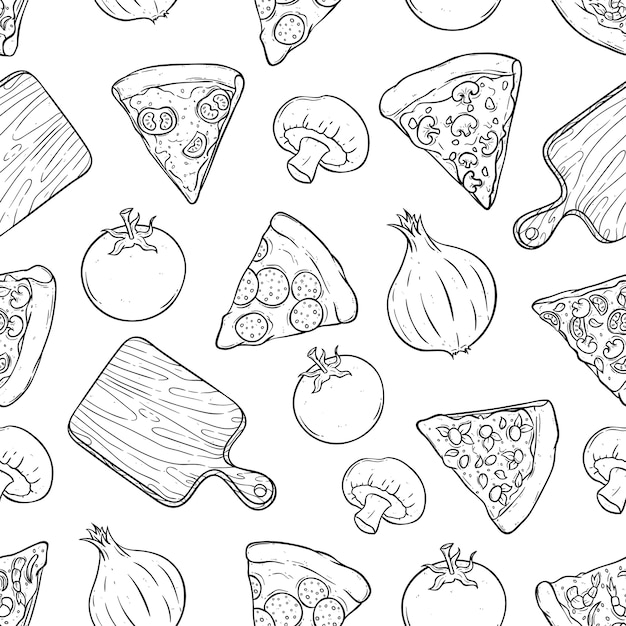 tasty pizza slice with cutting board and vegetables in seamless pattern