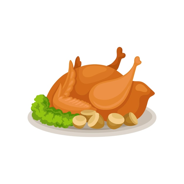 Tasty roasted turkey with greens and acorns Traditional food for Thanksgiving dinner Delicious holiday meal Flat vector icon