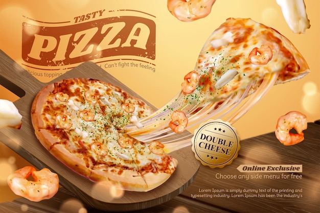 Tasty seafood pizza ads with stringy cheese in 3d illustration, shrimp and squid ring ingredients