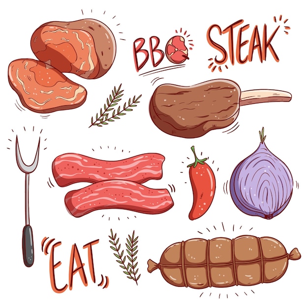 tasty steak and raw meat products with colorful hand draw style